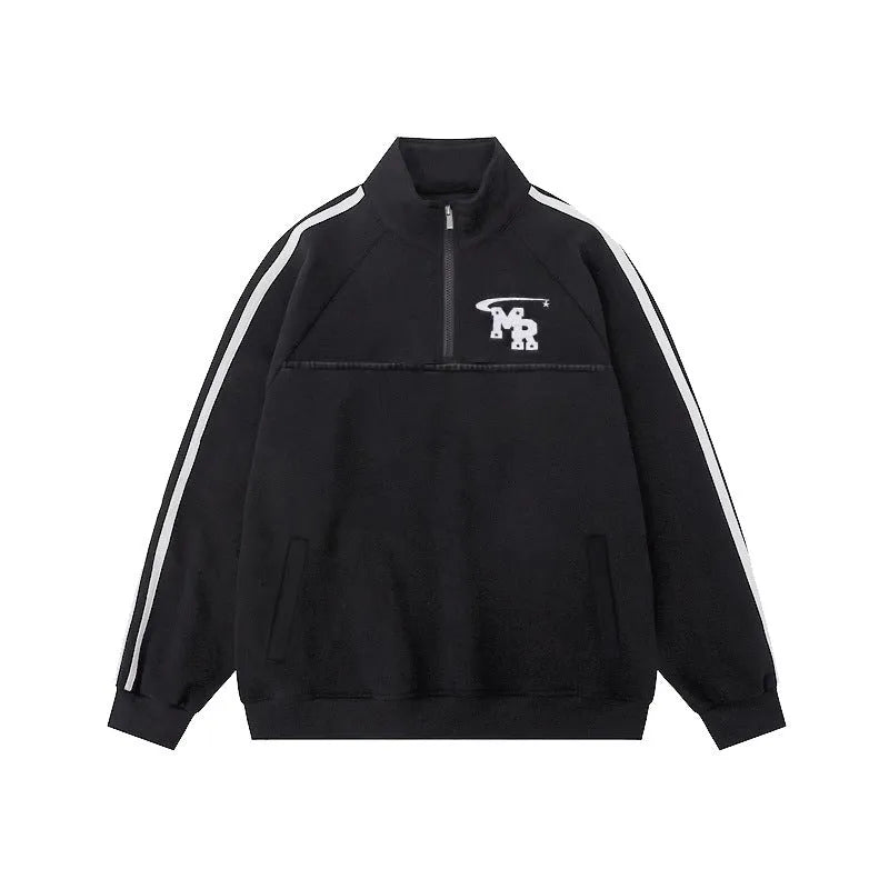 Black American retro hoodie with stand collar, Hong Kong style couple sweater jacket