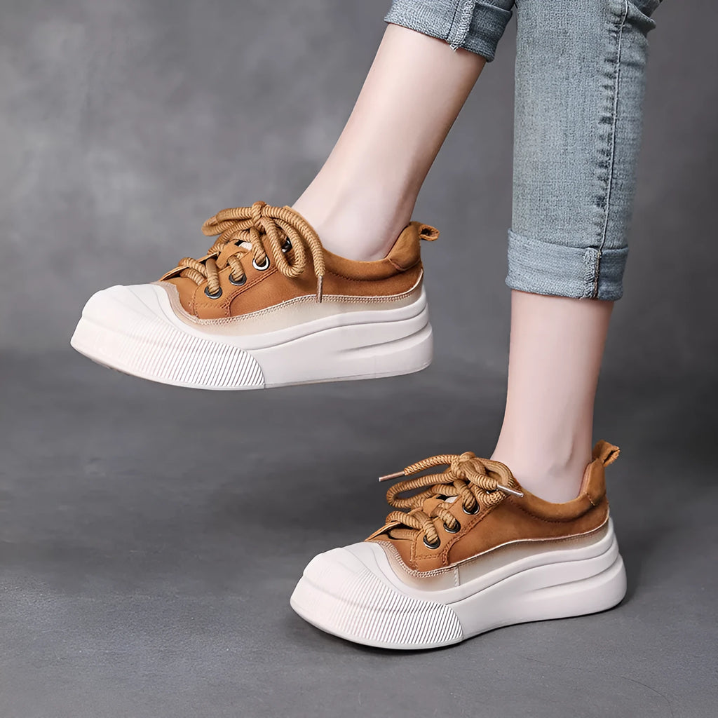 Women's yellow and cameo brown full-grain cow leather lace-up casual shoes with round toe and rubber soles