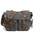Men's retro canvas crossbody shoulder bag with cowhide trim and postman flap in Army Green colour