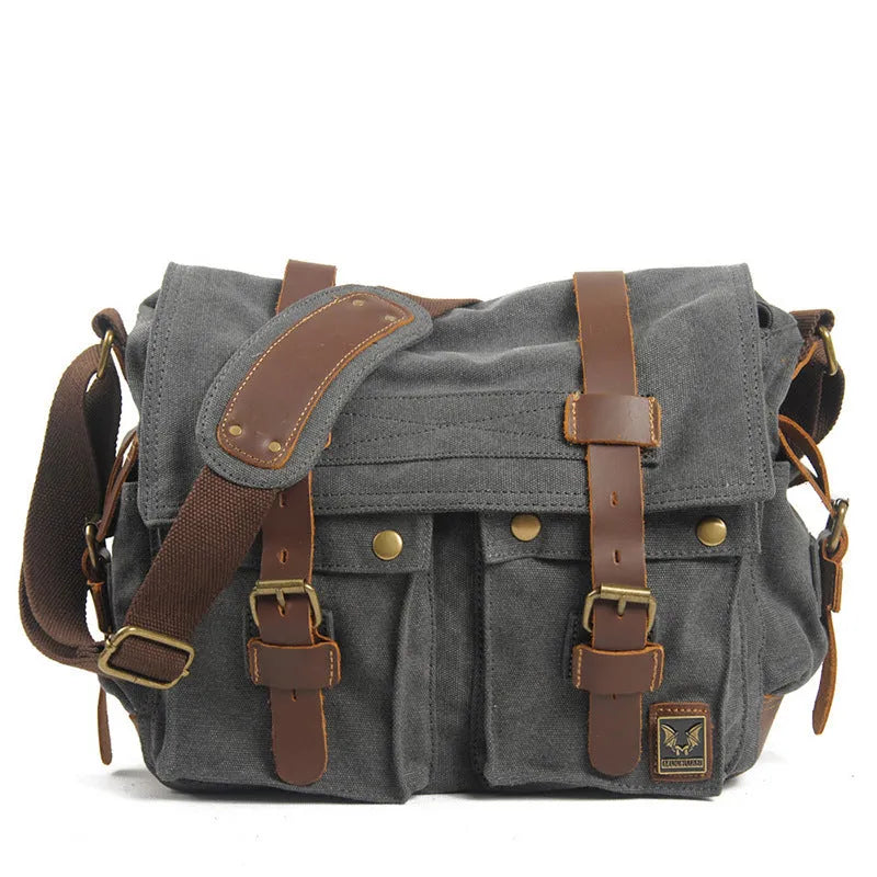 Men's retro canvas crossbody shoulder bag with cowhide trim and postman flap in Army Green colour
