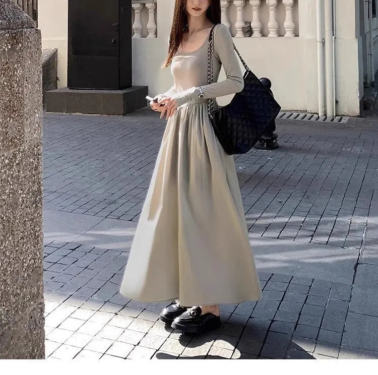 Women's square collar knitted dress with long sleeves, elastic waist, and A-line long skirt in grey.
