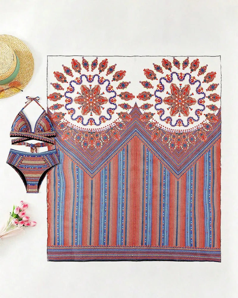 Women's three-piece swimsuit set showing high-waisted briefs, sleeveless cutout blouse, and matching coat.