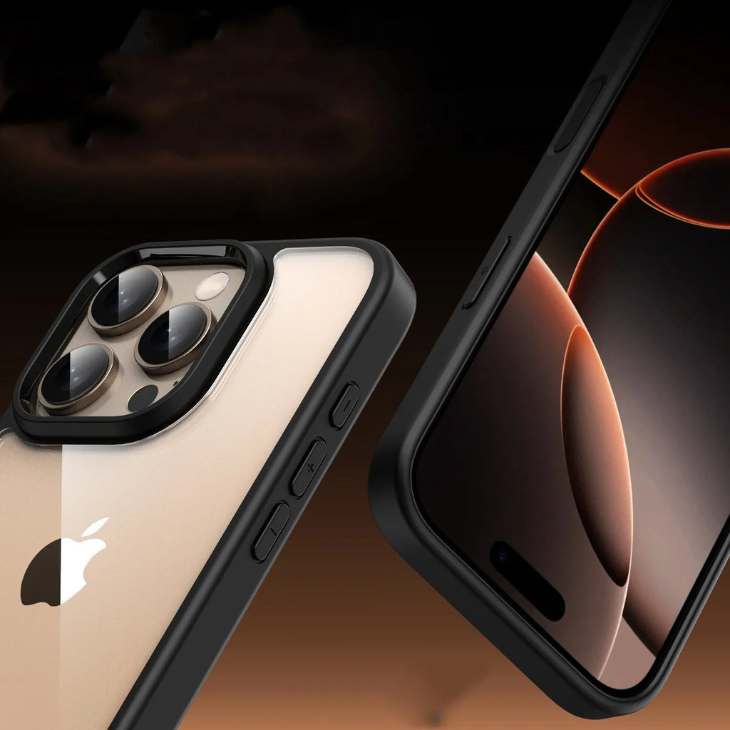 Black transparent magnetic iPhone 16 case showing airbag protection structure and magnetic ring.