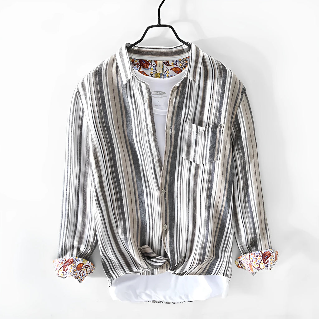 Men's casual long sleeve linen shirt with stripe pattern in grey or red loose fit
