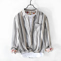 Men's casual long sleeve linen shirt with stripe pattern in grey or red loose fit
