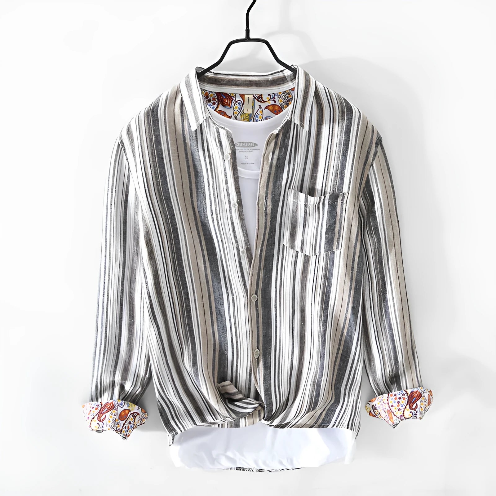 Men's casual long sleeve linen shirt with stripe pattern in grey or red loose fit