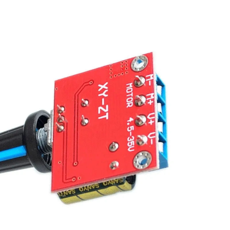 PWM DC motor speed governor for 5V to 35V operation with potentiometer knob adjustment