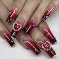 Wine red gradient plaid fake nail tips with ballet style shape