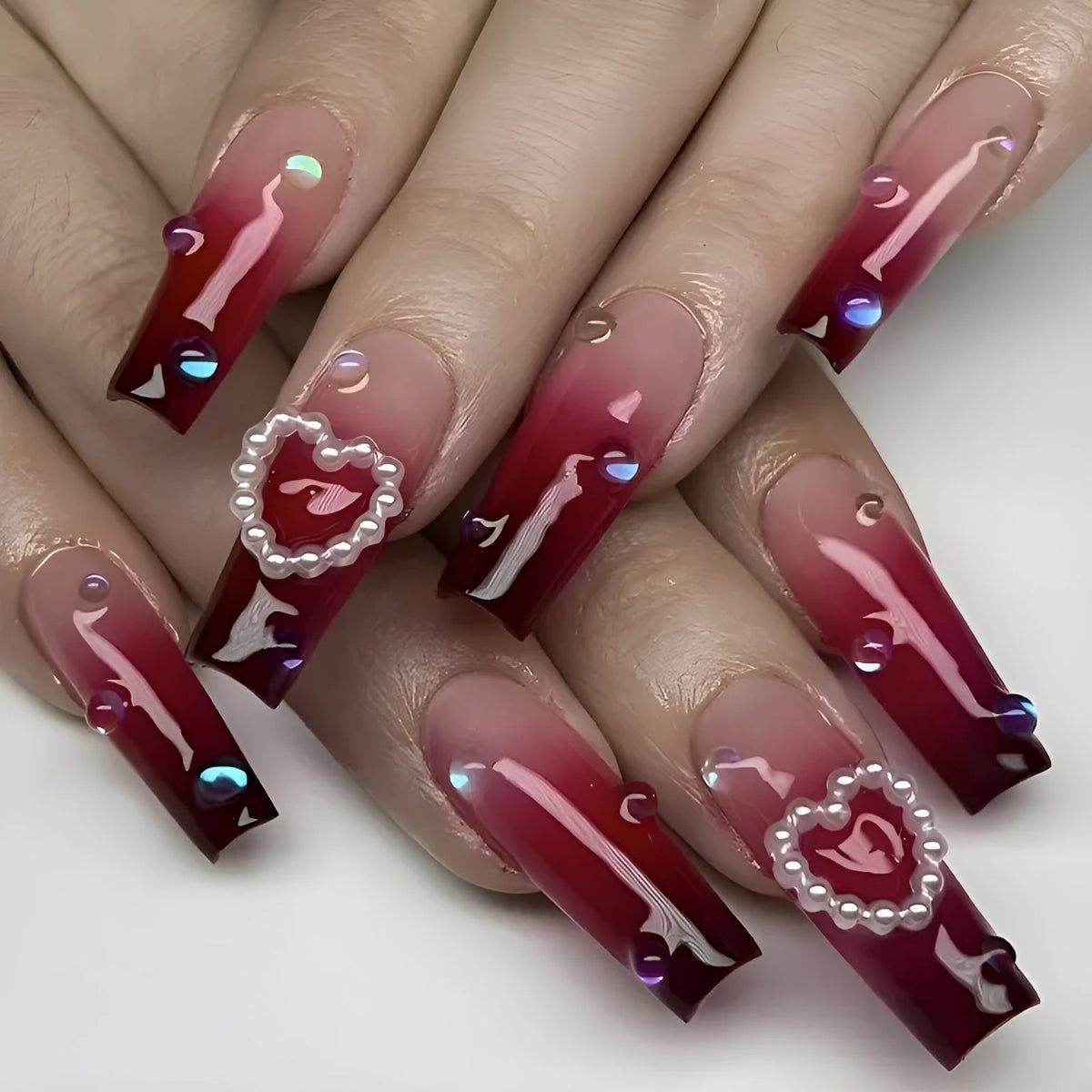 Wine red gradient plaid fake nail tips with ballet style shape