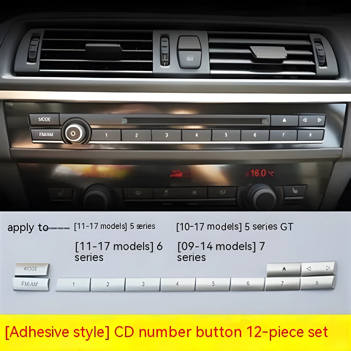 Automotive air conditioning button panel set with silver buttons in low, medium, high fittings