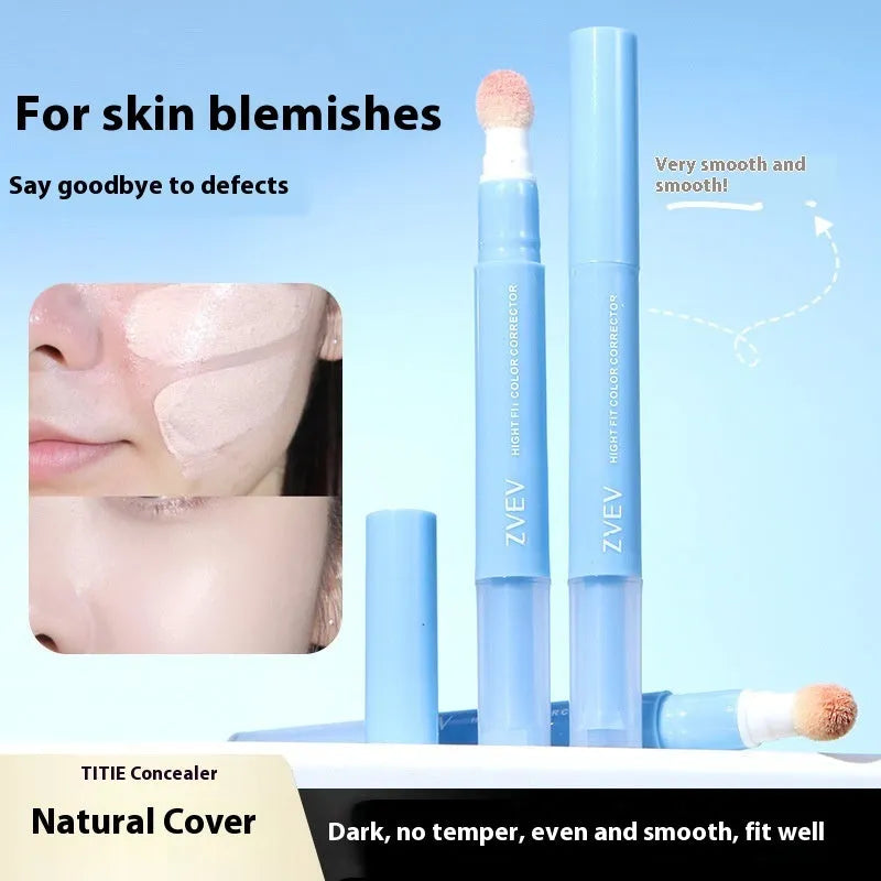 Concealer cream pen with sponge brush head applicator shown in three colour shades.