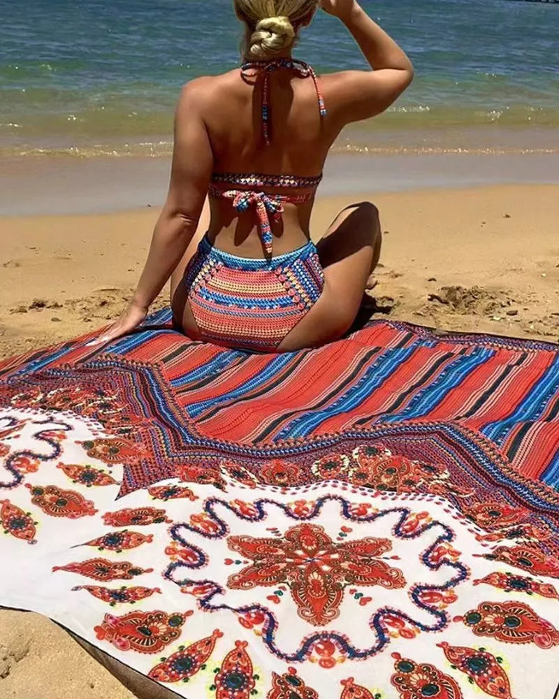 Women's three-piece swimsuit set showing high-waisted briefs, sleeveless cutout blouse, and matching coat.