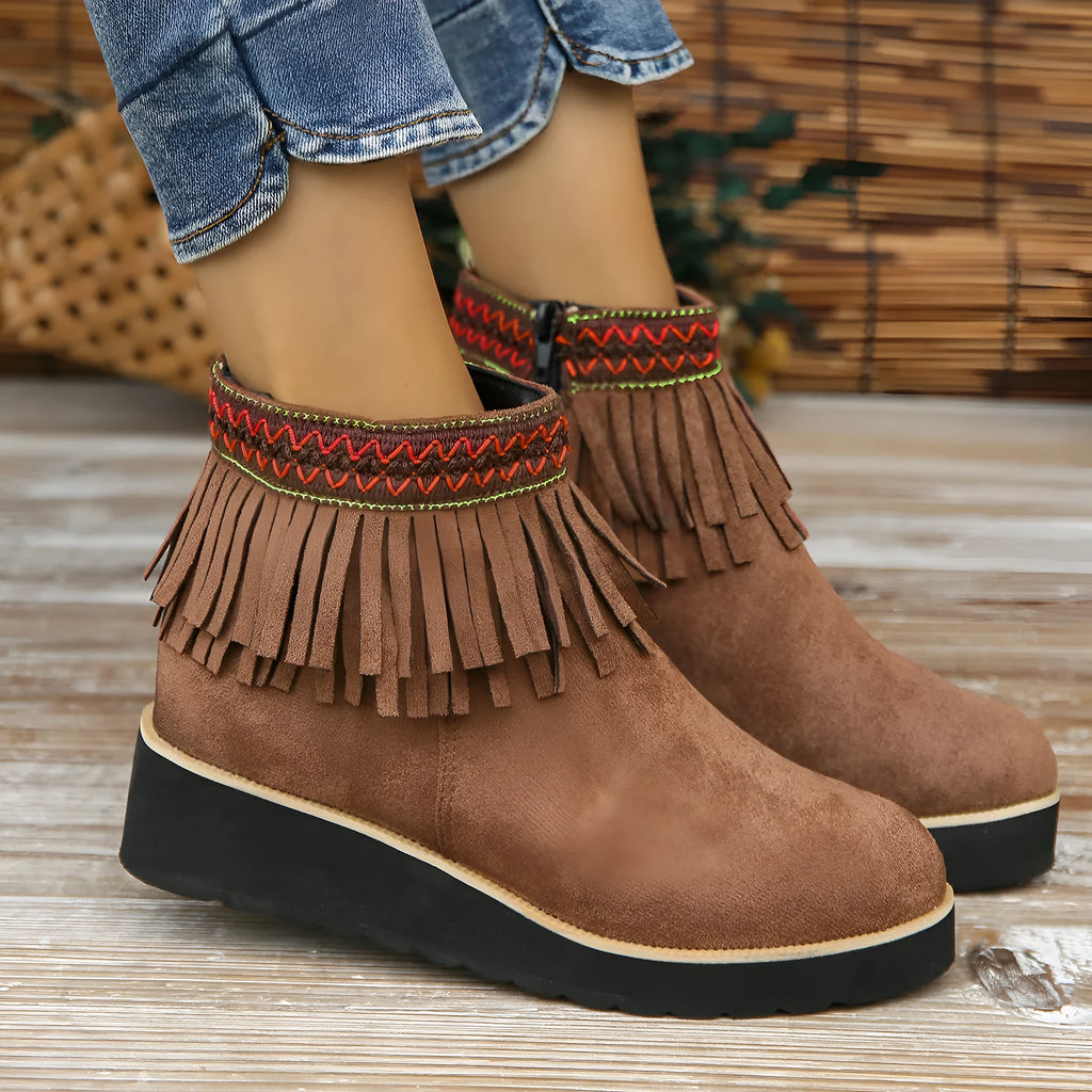 Women's dark brown suede wedge ankle boots with side zip and thick rubber sole