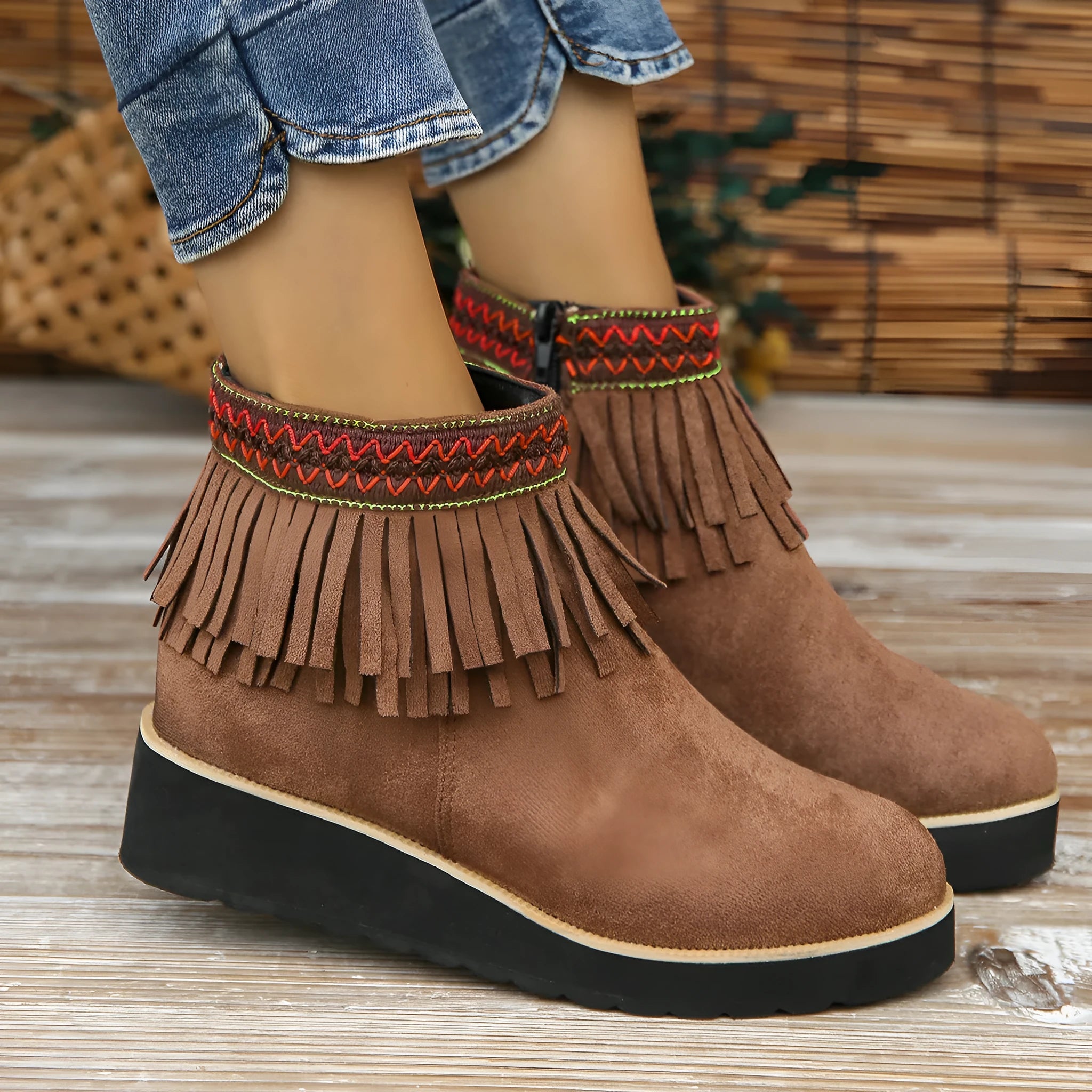 Women's dark brown suede wedge ankle boots with side zip and thick rubber sole