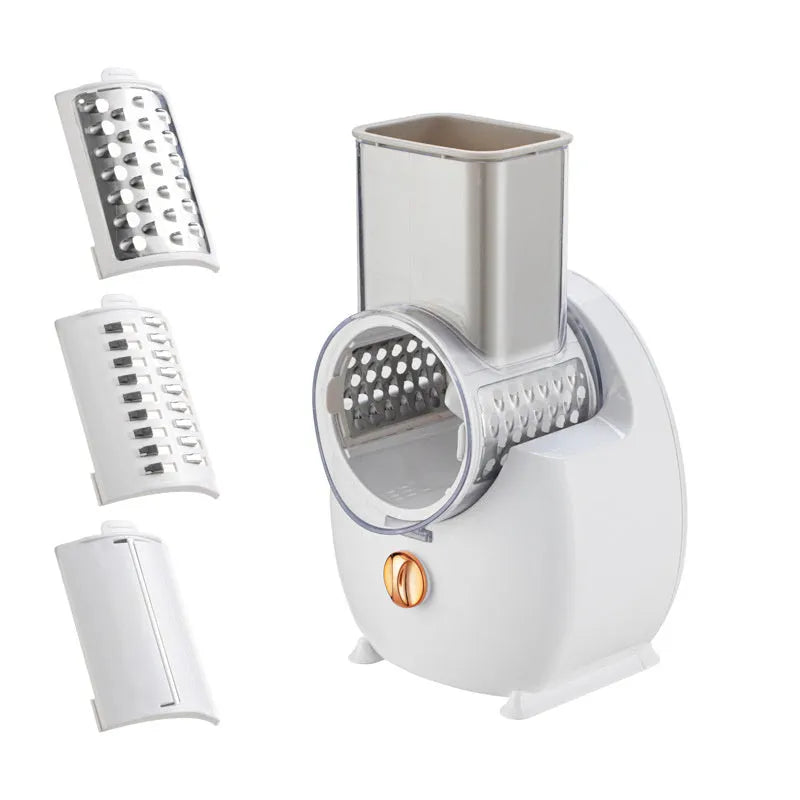 White electric vegetable slicer with three blade pairs and strong suction base for kitchen use