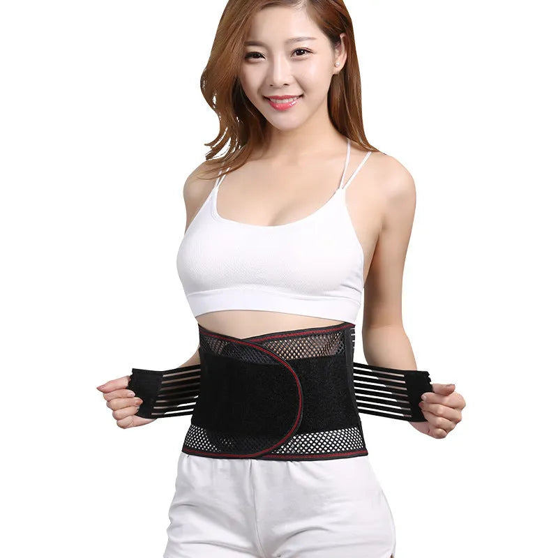 Black adjustable sports waist support belt with internal steel plate for lumbar decompression.