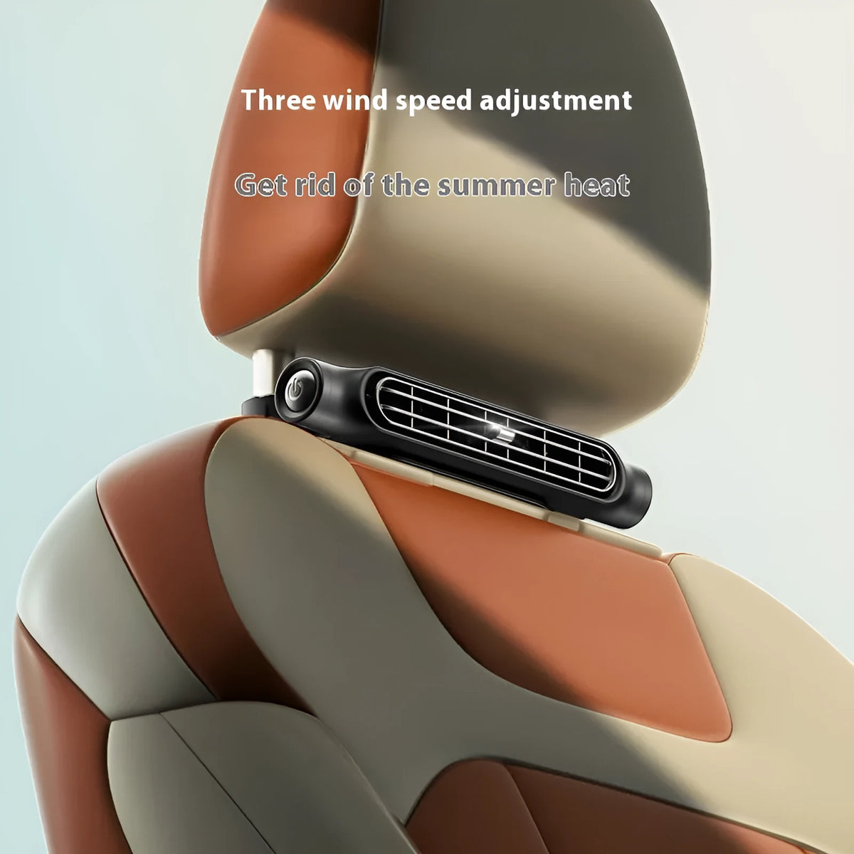 USB plug-in car seat fan with velcro strips and three-speed button in black, white, or beige.