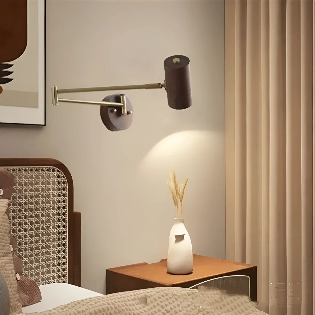 Retro-style wooden and iron wall lamp with a long, rotating arm and integrated switch.
