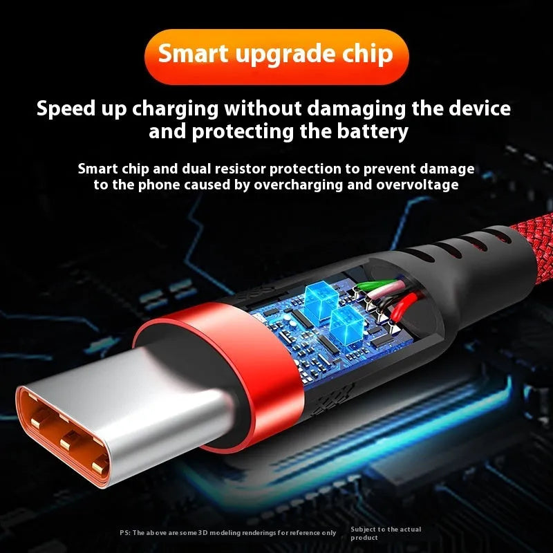 Lengthened woven charging cable with Type-C, Lightning, or Micro USB connector in silver gray or red