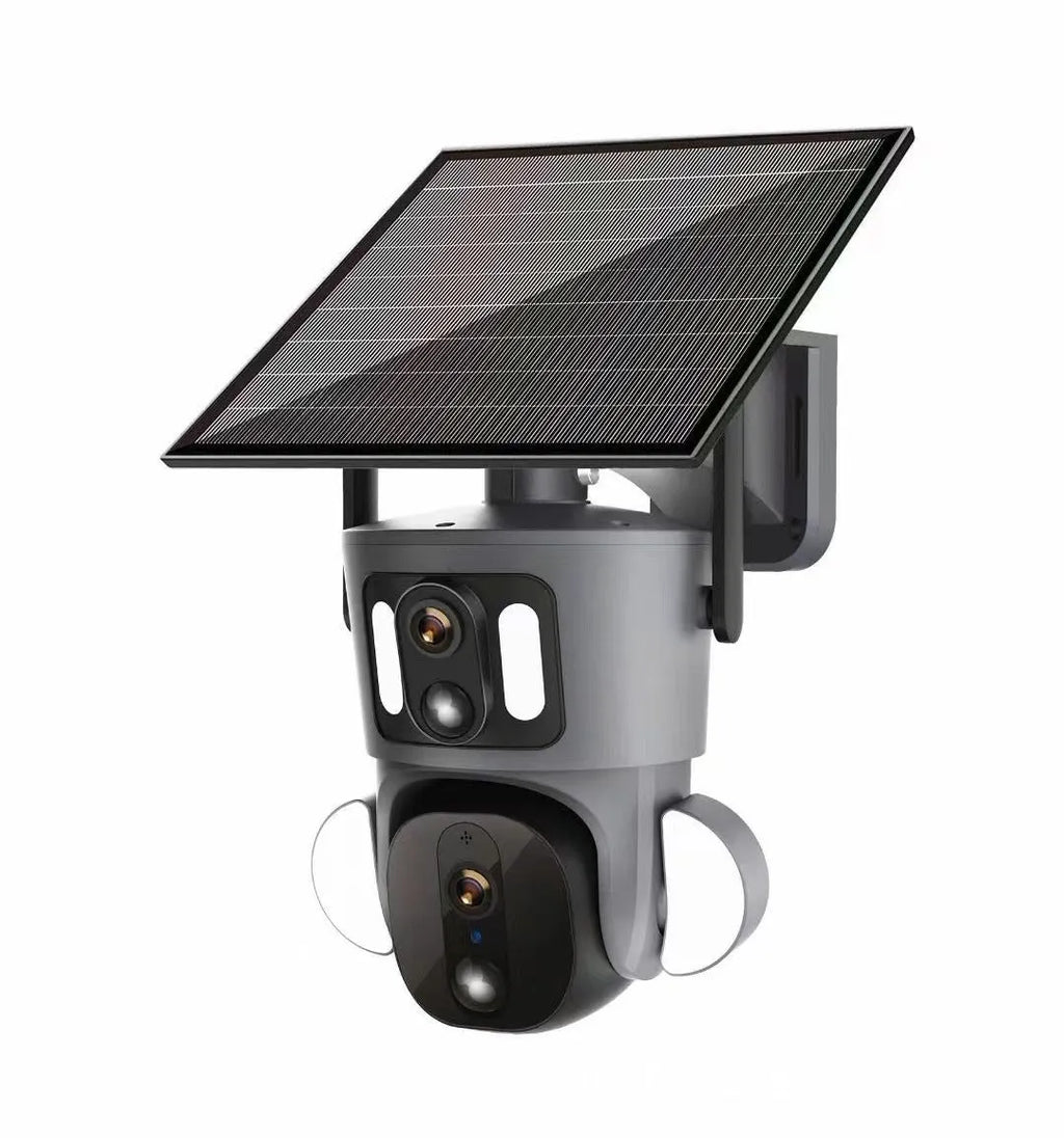 Solar-powered outdoor security camera with three-screen surveillance display and solar panel