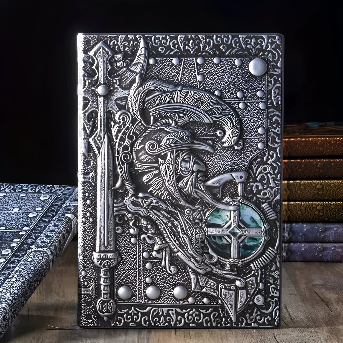 A5 leather notebook with embossed 3D warriors design on the cover, shown in bronze colour.