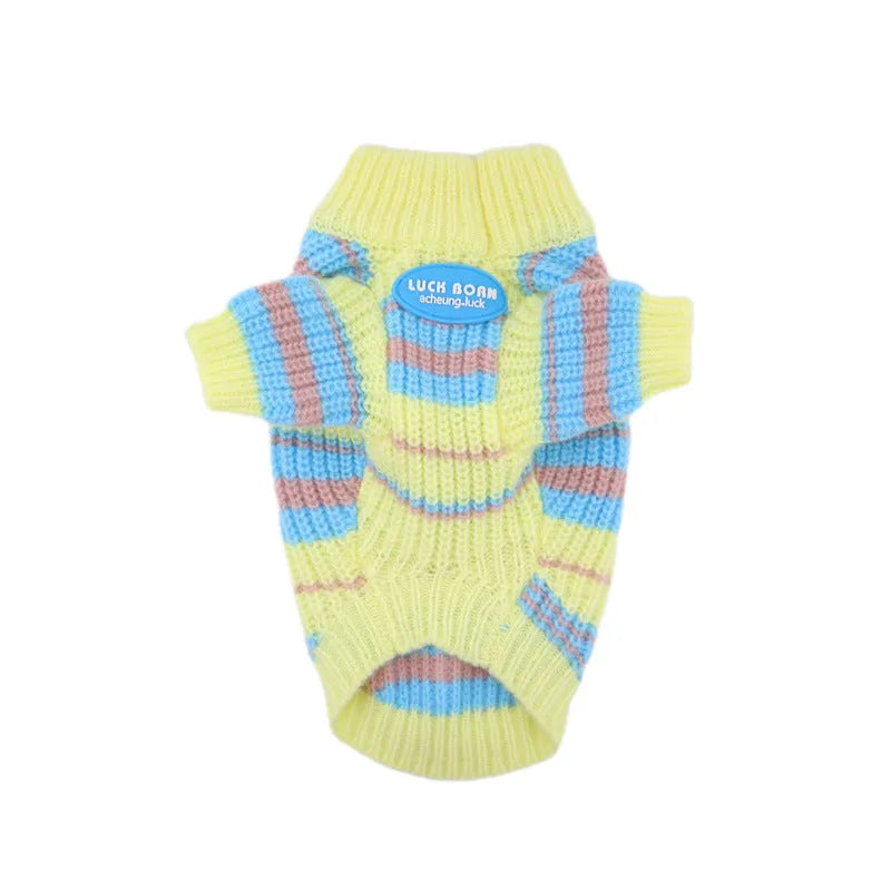 Blue and yellow striped wool dog sweater for small breeds like Schnauzer and Bichon.