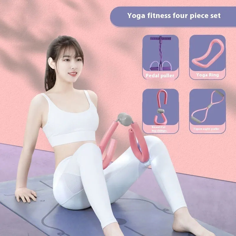 Yoga four piece set showing leg beauty device, yoga ring, pedal tension device, and figure-eight tension rope for home fitness.