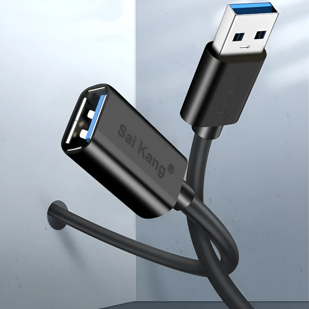 Black USB extension cable with male and female connectors, showing its length and double-shielded construction.