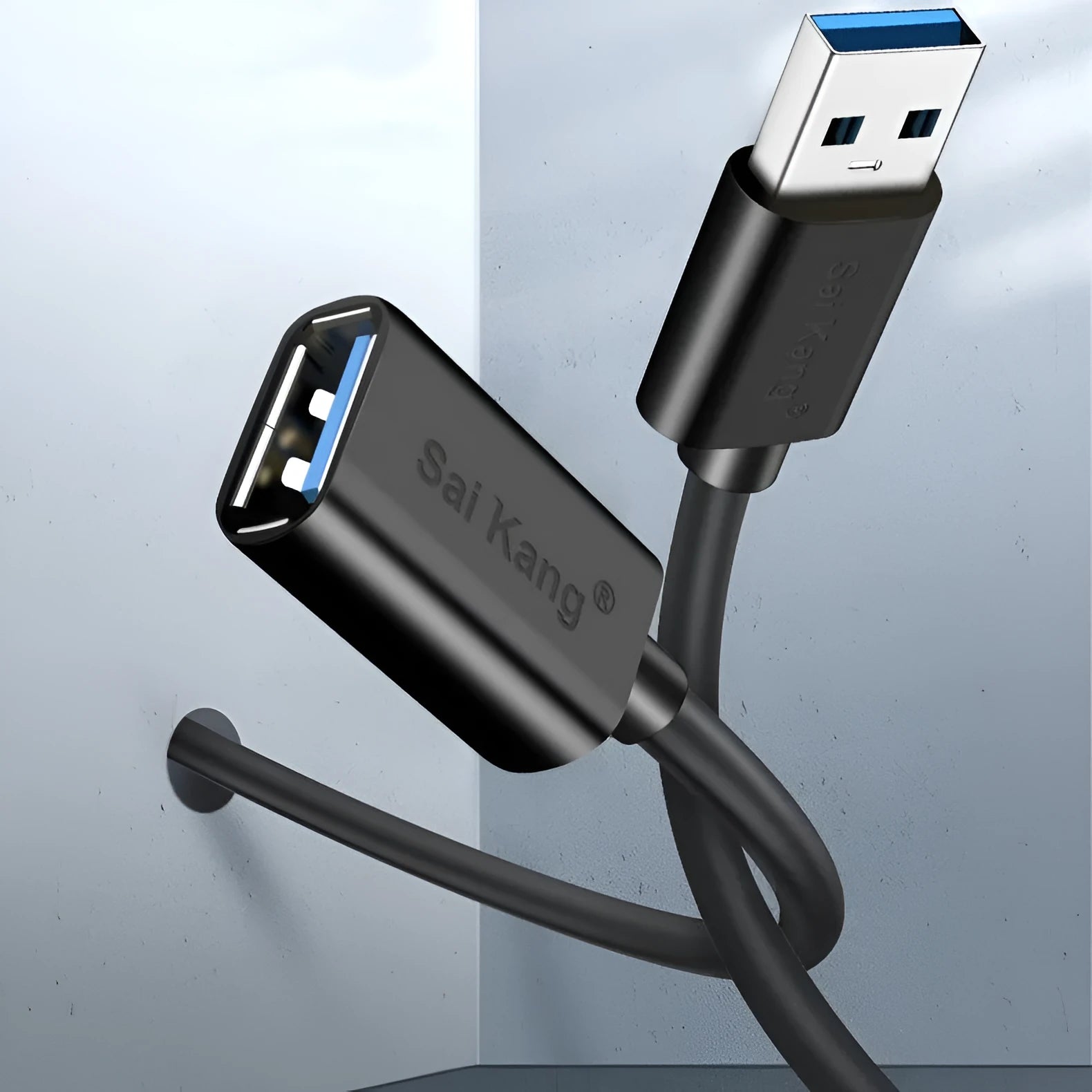 Black USB extension cable with male and female connectors, showing its length and double-shielded construction.