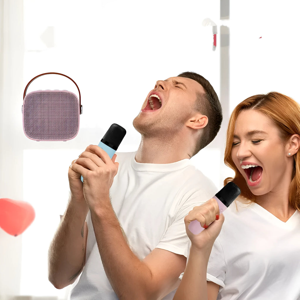 Compact portable Bluetooth speaker with microphone in blue, pink, or white colour options