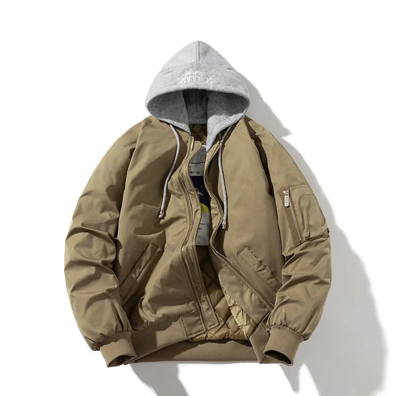 Loose-fitting solid colour pilot jacket for plus-size individuals with embedded line pockets.