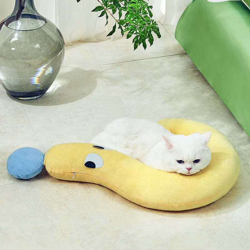 Blue and yellow rectangular pet cushion measuring 62 by 39 centimetres for dogs and cats