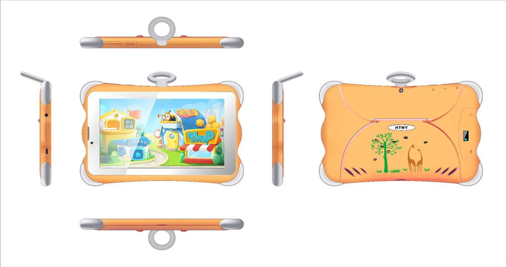 A 7-inch children's learning tablet in a cartoon colour, shown with its stand attached, on a table.