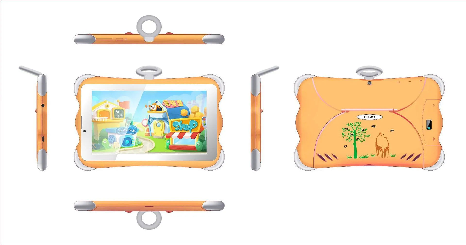 A 7-inch children's learning tablet in a cartoon colour, shown with its stand attached, on a table.