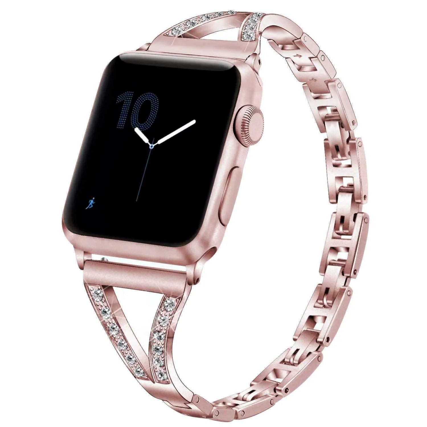 Zinc alloy herringbone pattern smart watch strap with diamond accents for Apple Watch, shown in a silver finish.