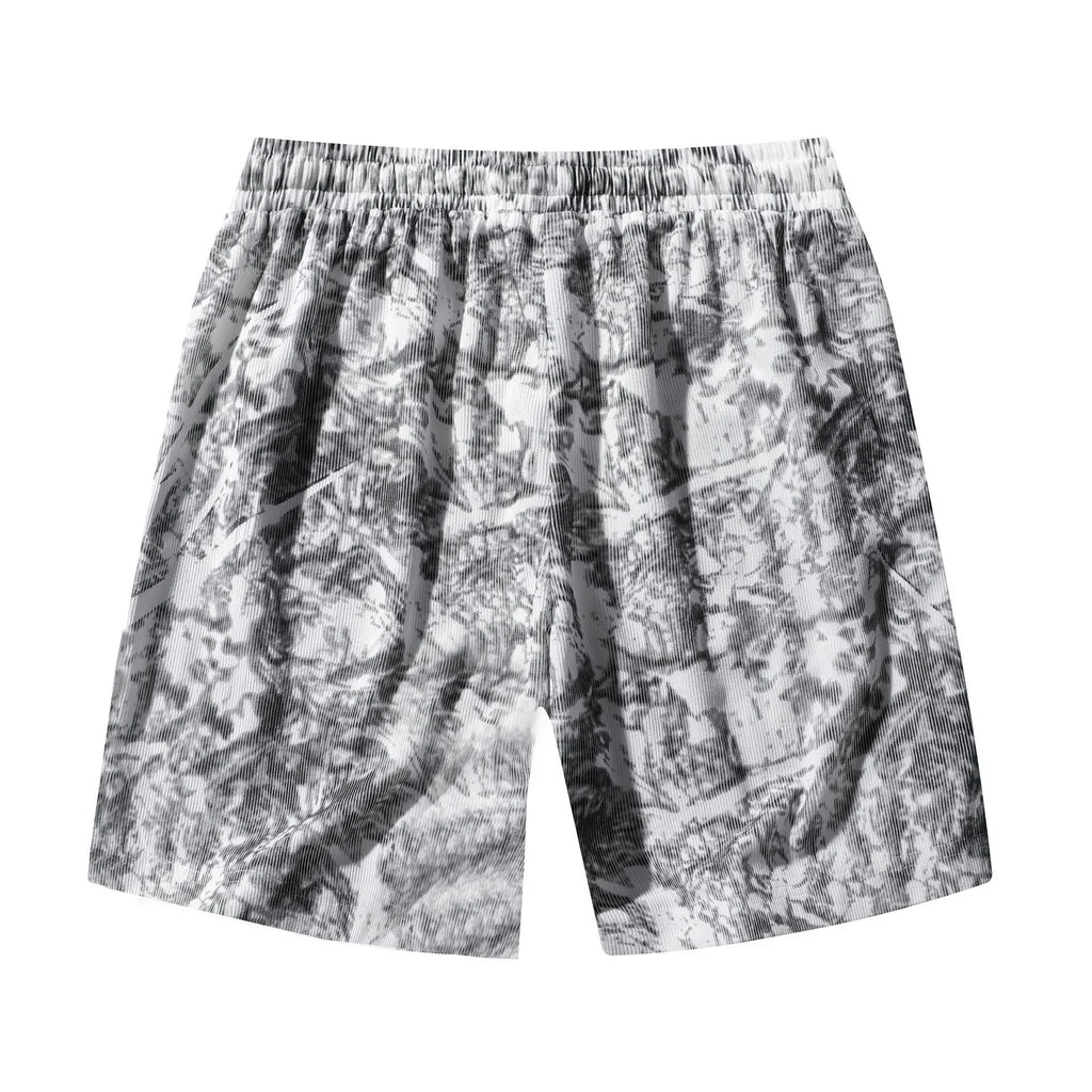 Men's camouflage pattern athletic shorts in corduroy fabric with straight leg cut and high waist