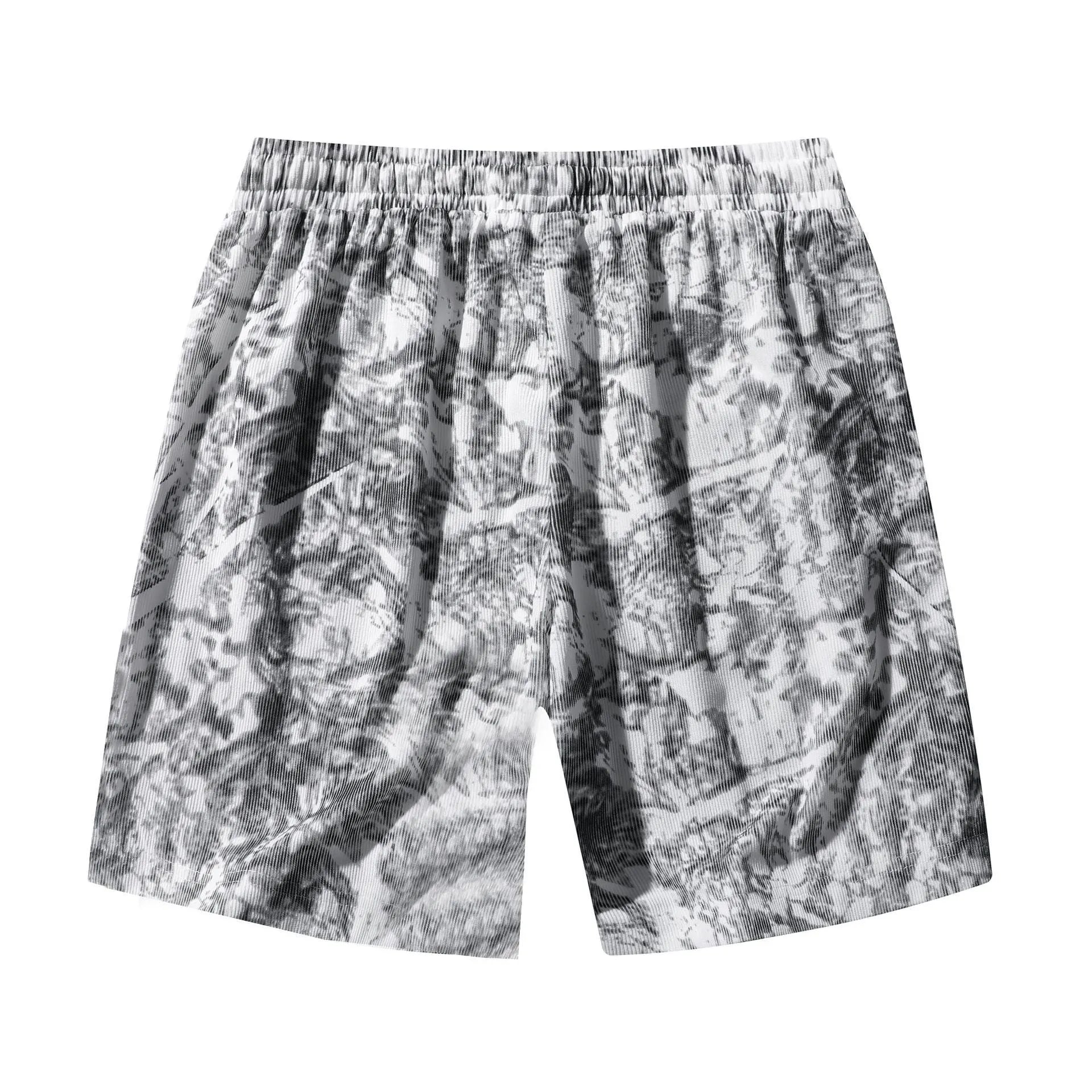 Men's camouflage pattern athletic shorts in corduroy fabric with straight leg cut and high waist