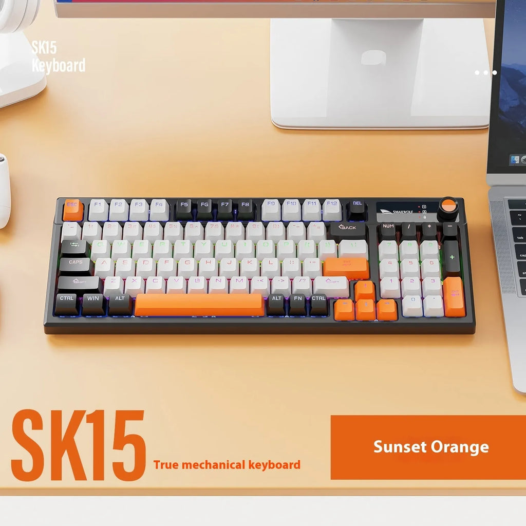 SK15 wired mechanical keyboard with USB cable in sunset orange, autumn water blue, or black colour options