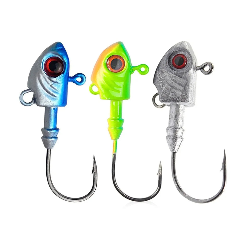 Yayu shaped lead head fishing hook lure in blue, silver, and yellow colours showing fish simulation design.