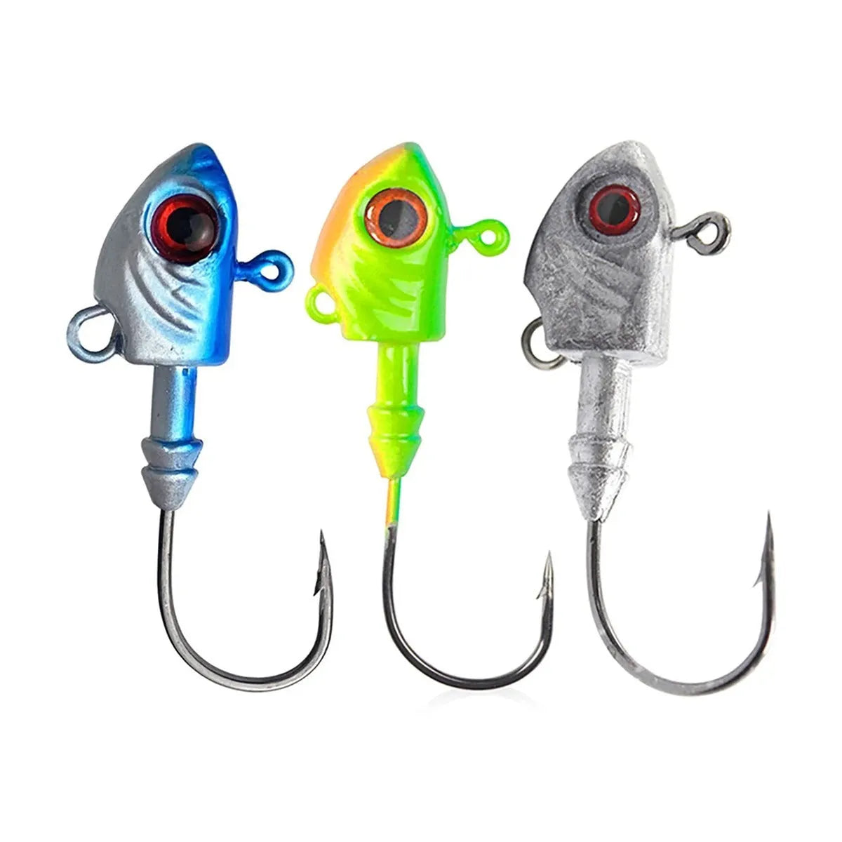 Yayu shaped lead head fishing hook lure in blue, silver, and yellow colours showing fish simulation design.