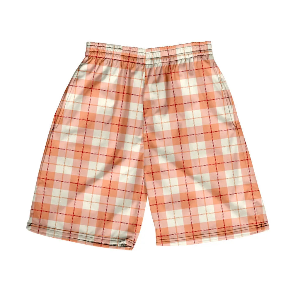 Men's plaid pattern shorts with elastic waistband in straight leg design for casual wear