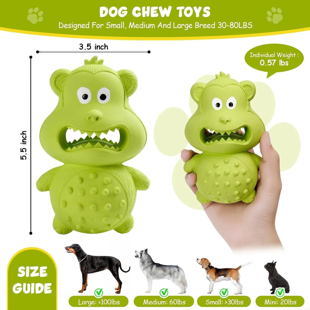 Green and yellow natural rubber squeaky dog toy for aggressive chewing dogs.