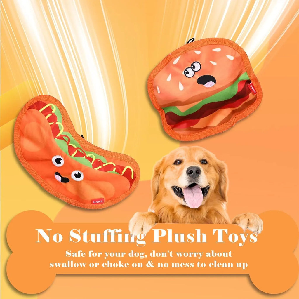 A set of four colourful crinkle and squeak dog toys shaped like a burger, fries, a hot dog, and a pizza.