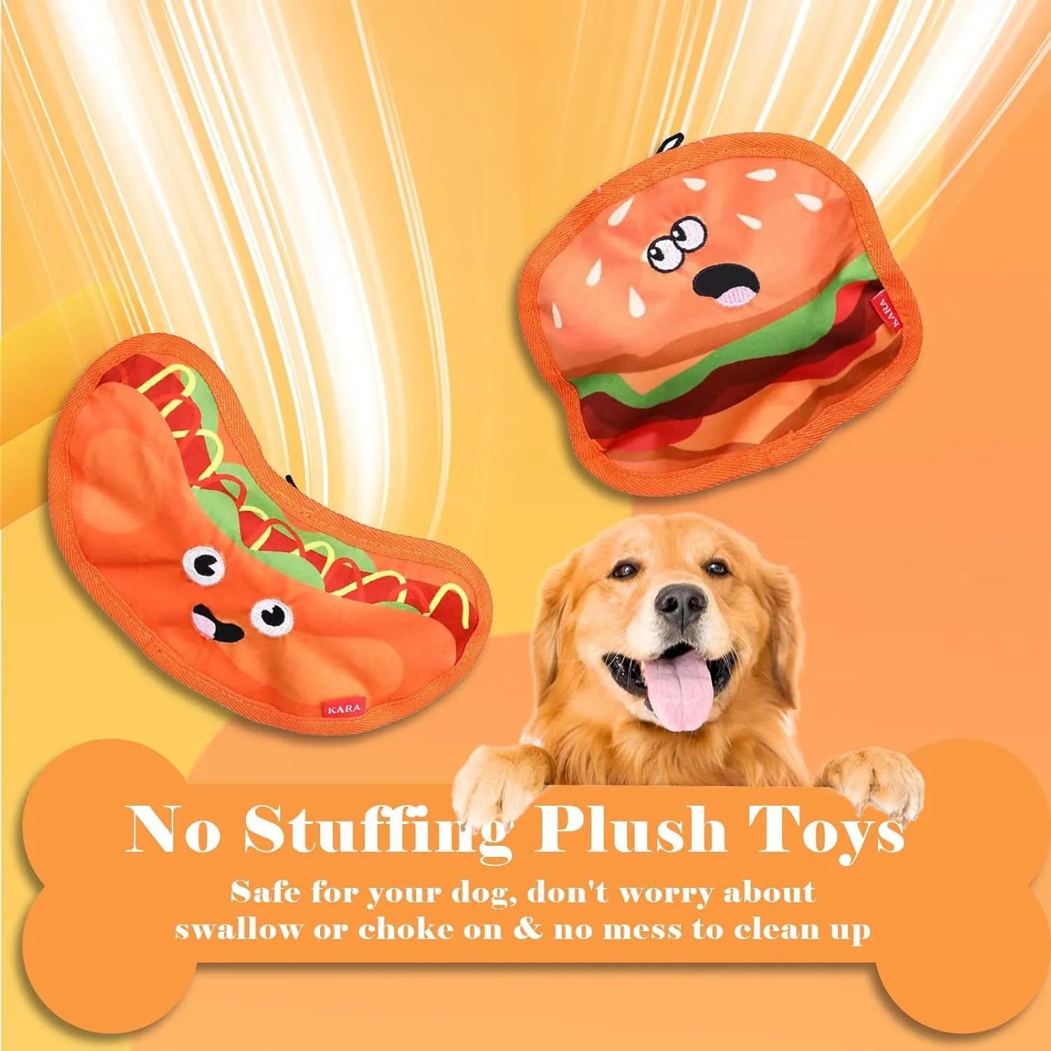 A set of four colourful crinkle and squeak dog toys shaped like a burger, fries, a hot dog, and a pizza.