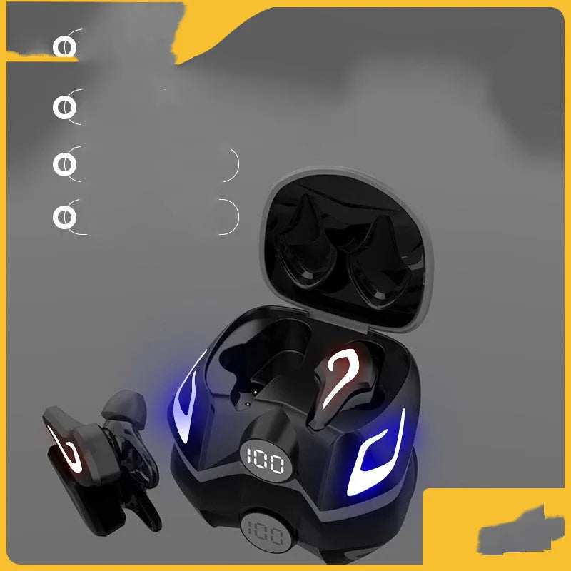 Bluetooth gaming headset with earplug design in black, dark grey, or yellow colours showing wireless earpieces