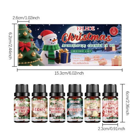 Christmas aromatherapy oil set showing six 60ml bottles of festive essential oils