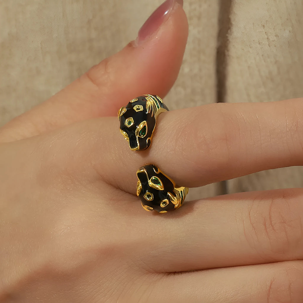 Black geometric open ring with cheetah oil drip pattern, size No. 7.