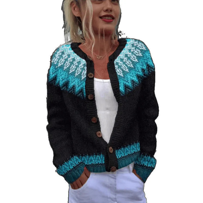 Yellow digital print knitted cardigan coat with a 3D stereo pattern, shown in a gentle cardigan style.