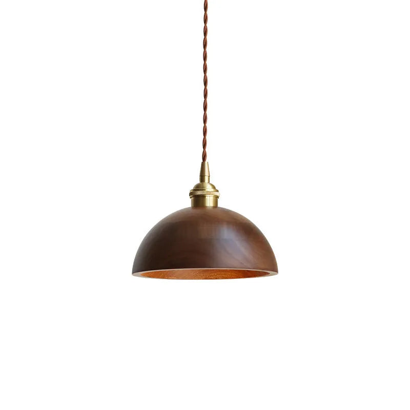 Black walnut wood single-head droplight chandelier with copper decorative accents.