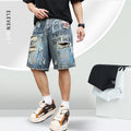 Blue men's ripped denim shorts with a straight leg cut and zip fly front.